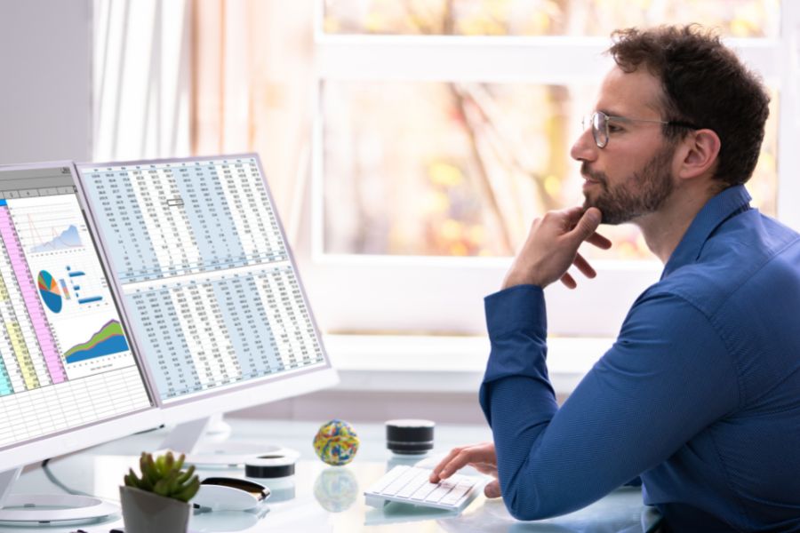 Man at a desktop screen with spreadsheets and a financial model
